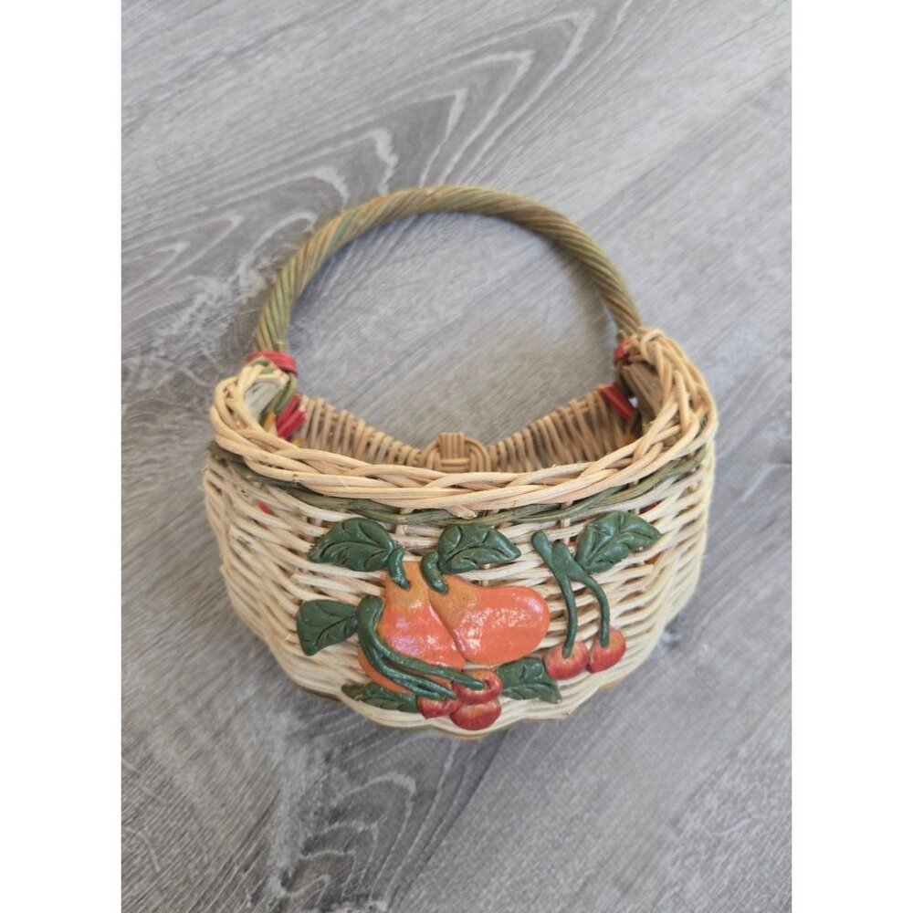 Vintage Woven Straw Basket With Colorful Weave & Fruit Motif Handle